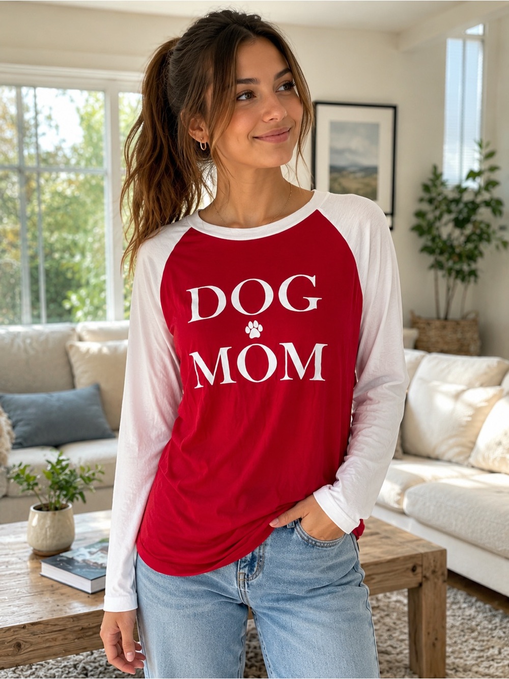 Alice & Me Red & Cream DOG MOM Raglan Baseball Long sleeve Shirt NWT Large